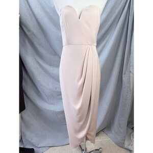 Shona Joy Blush Strapless Draped Cocktail Midi Dress Light Pink 6 USA Wedding